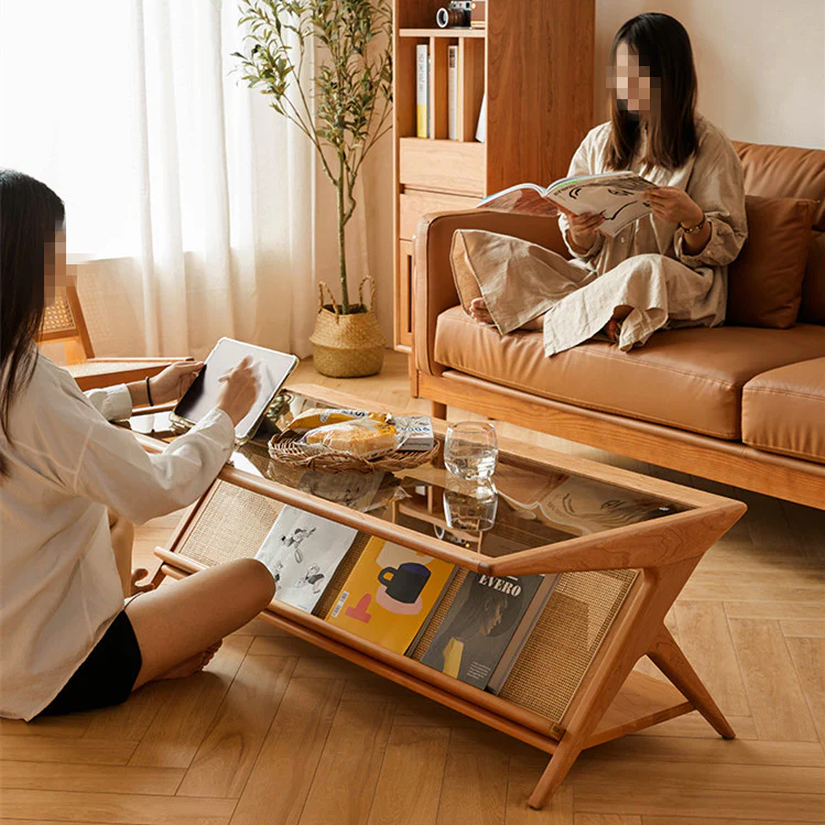 Solid Wood Rectangular Coffee Table with Tawny Tempered Glass Top and Storage - Image 2