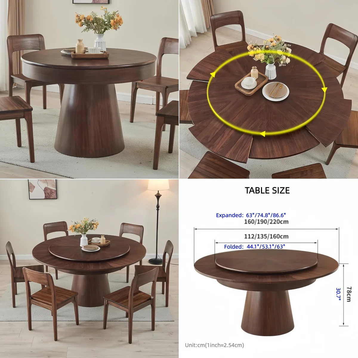 Solid Wood  Round Dining Table with Rotating Expandable Hidden Extension Leaf