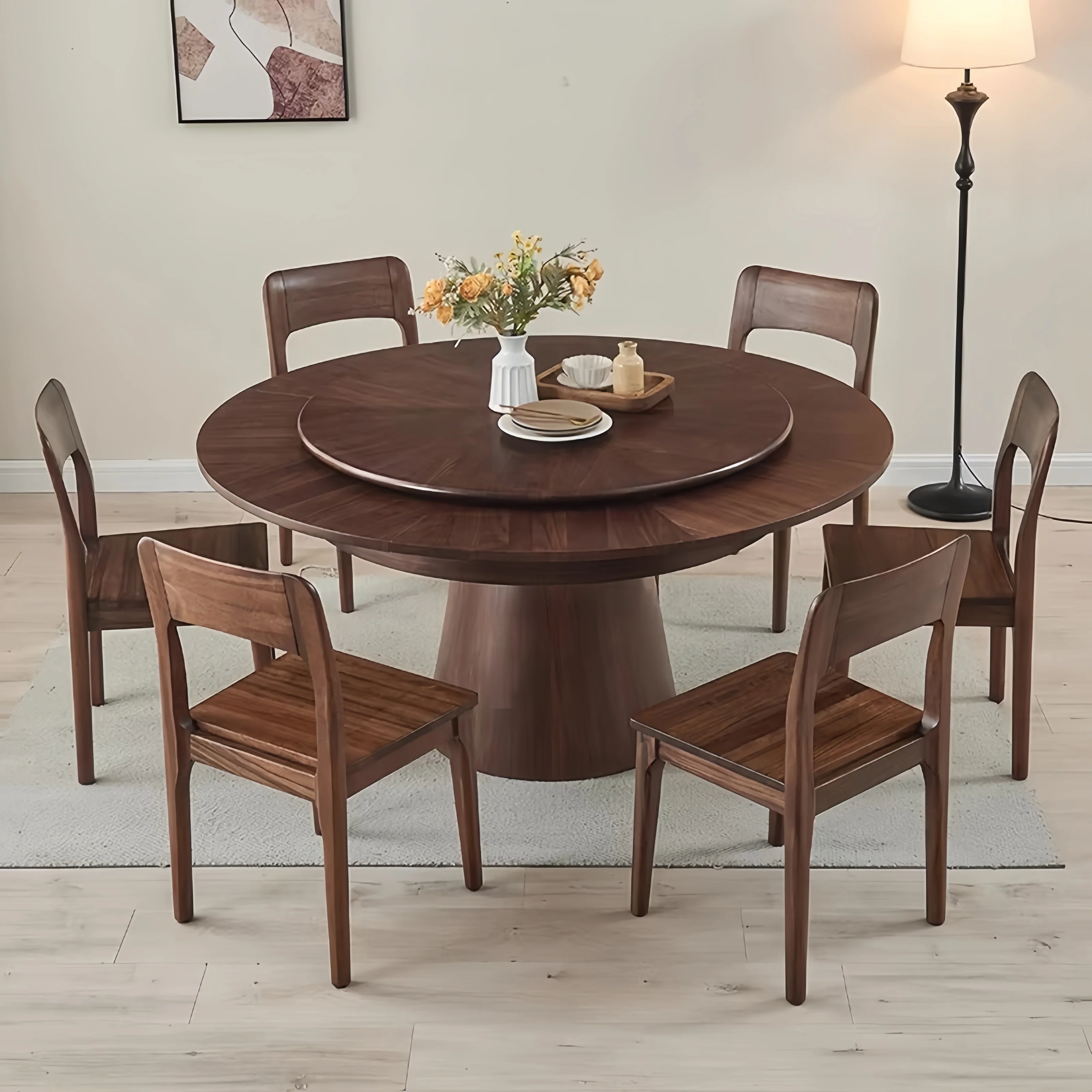 Solid Wood  Round Dining Table with Rotating Expandable Hidden Extension Leaf - Image 6