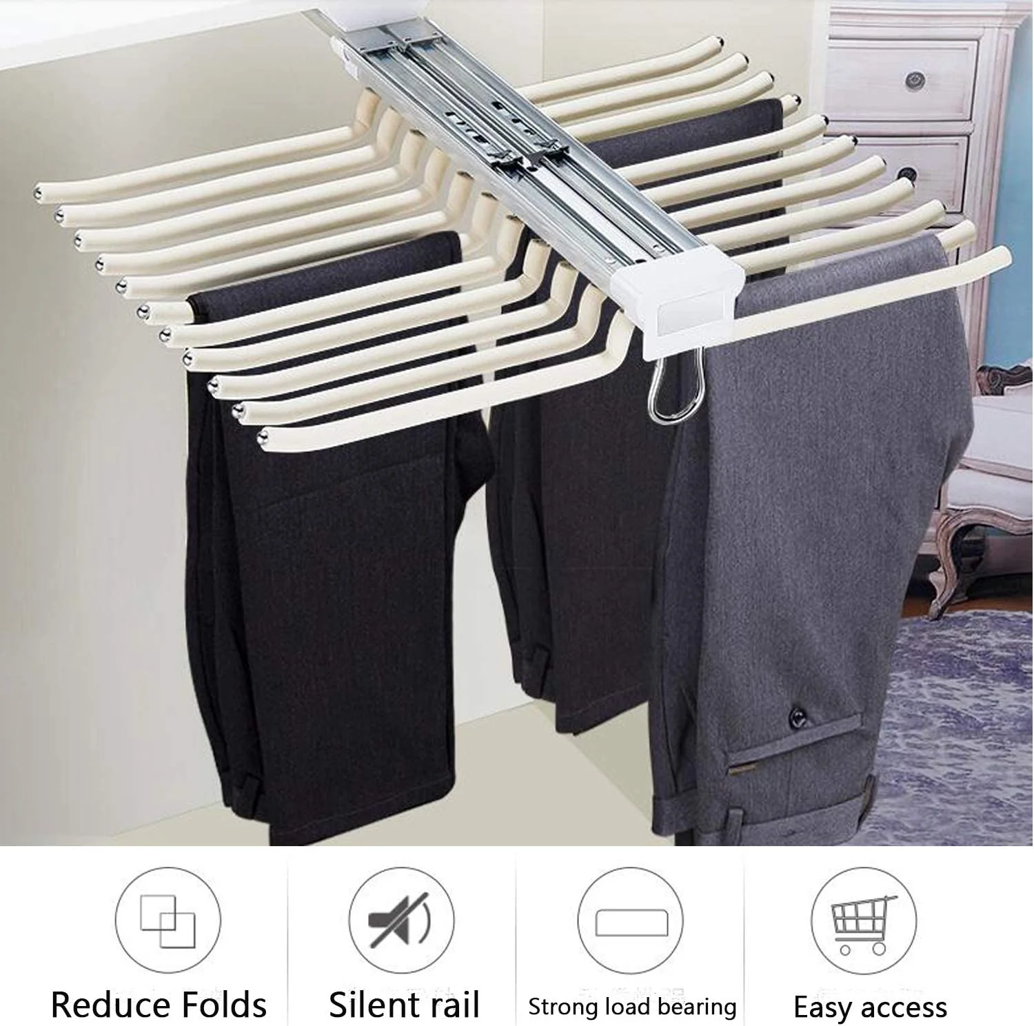 Space Saving 22 Arms Steel Pull Out Pants Rack for Closet - Image 4