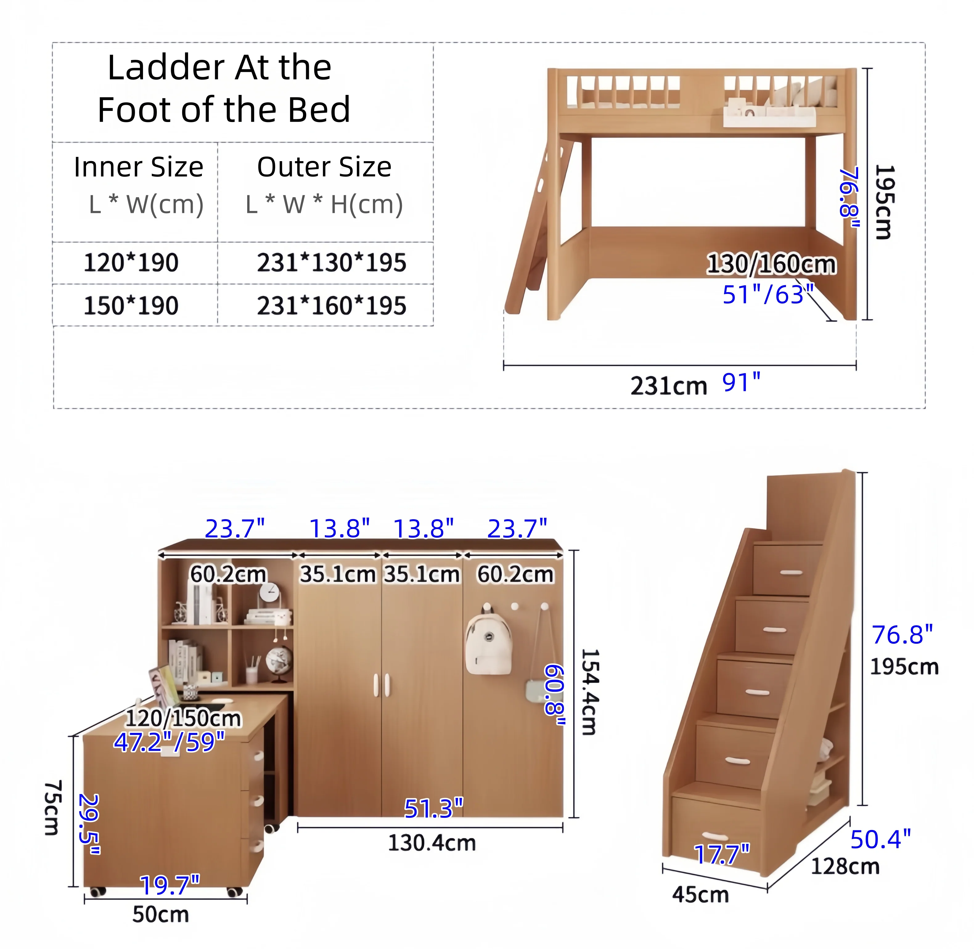 Space Saving All-In- One Loft Kids Bed with Built-in Wardrobe and Bookshelf and Desk - Image 13