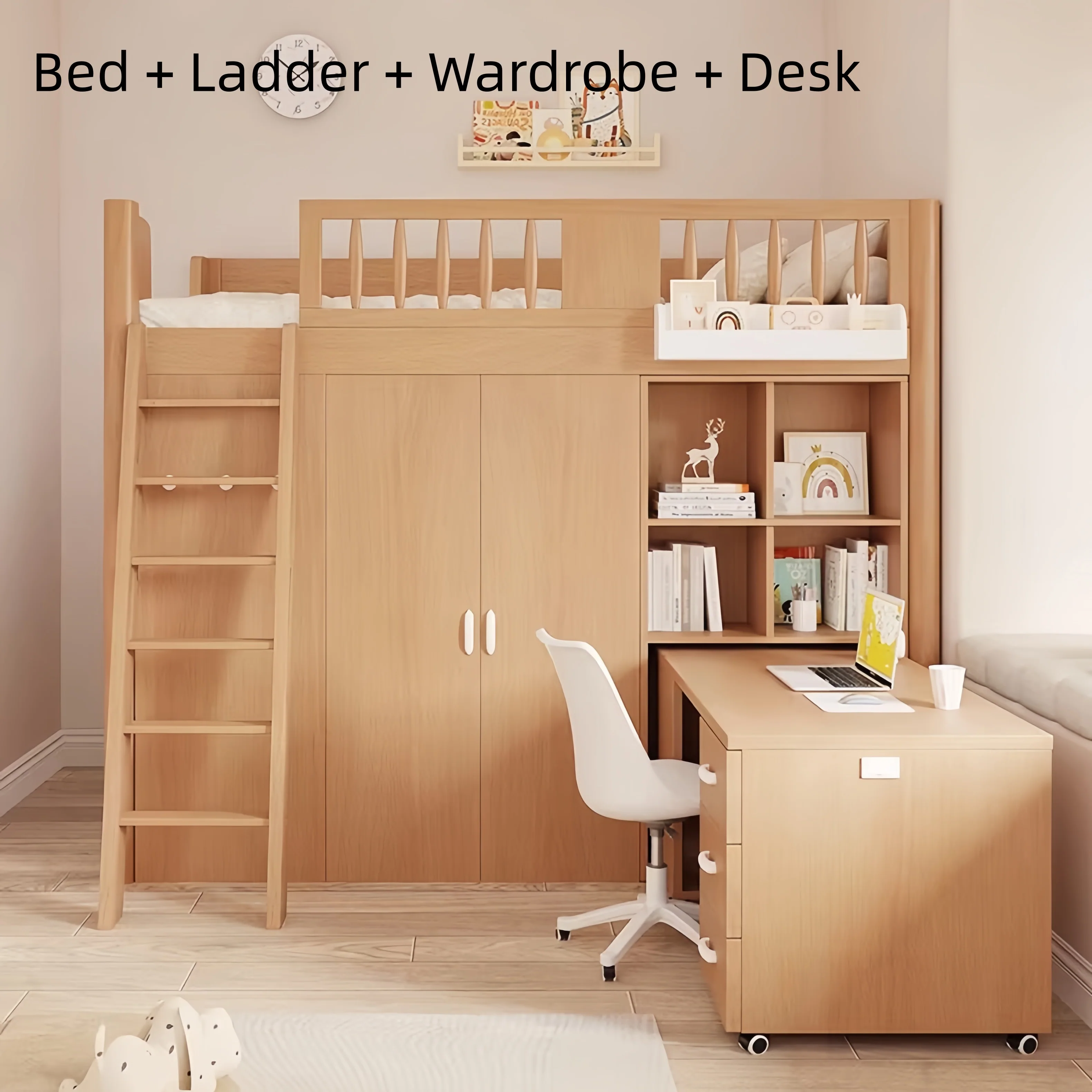 Space Saving All-In- One Loft Kids Bed with Built-in Wardrobe and Bookshelf and Desk - Image 6