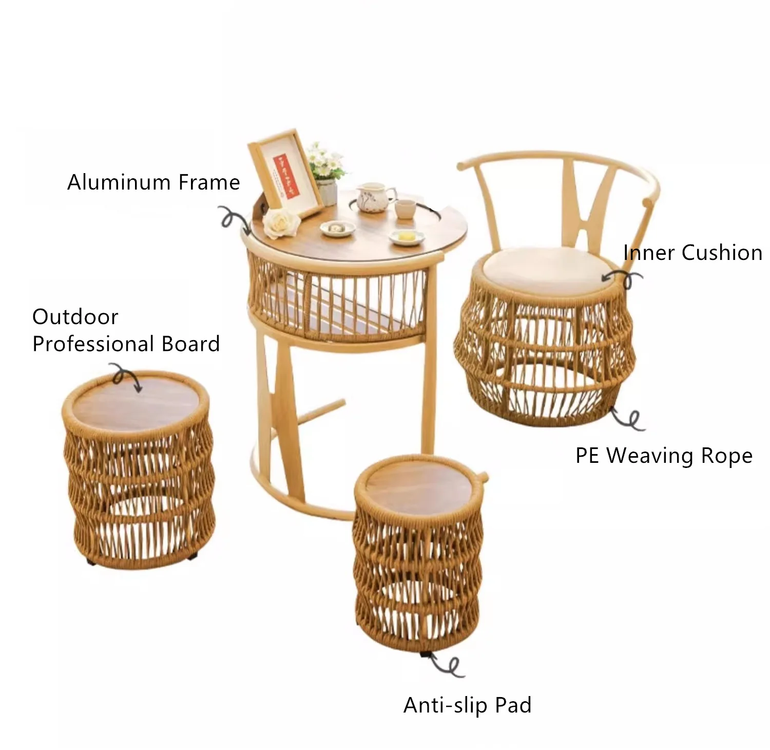Space Saving Aluminium Frame PE Braided Rope Table Stackable Chairs for Porch Backyard Balcony Garden - Image 11