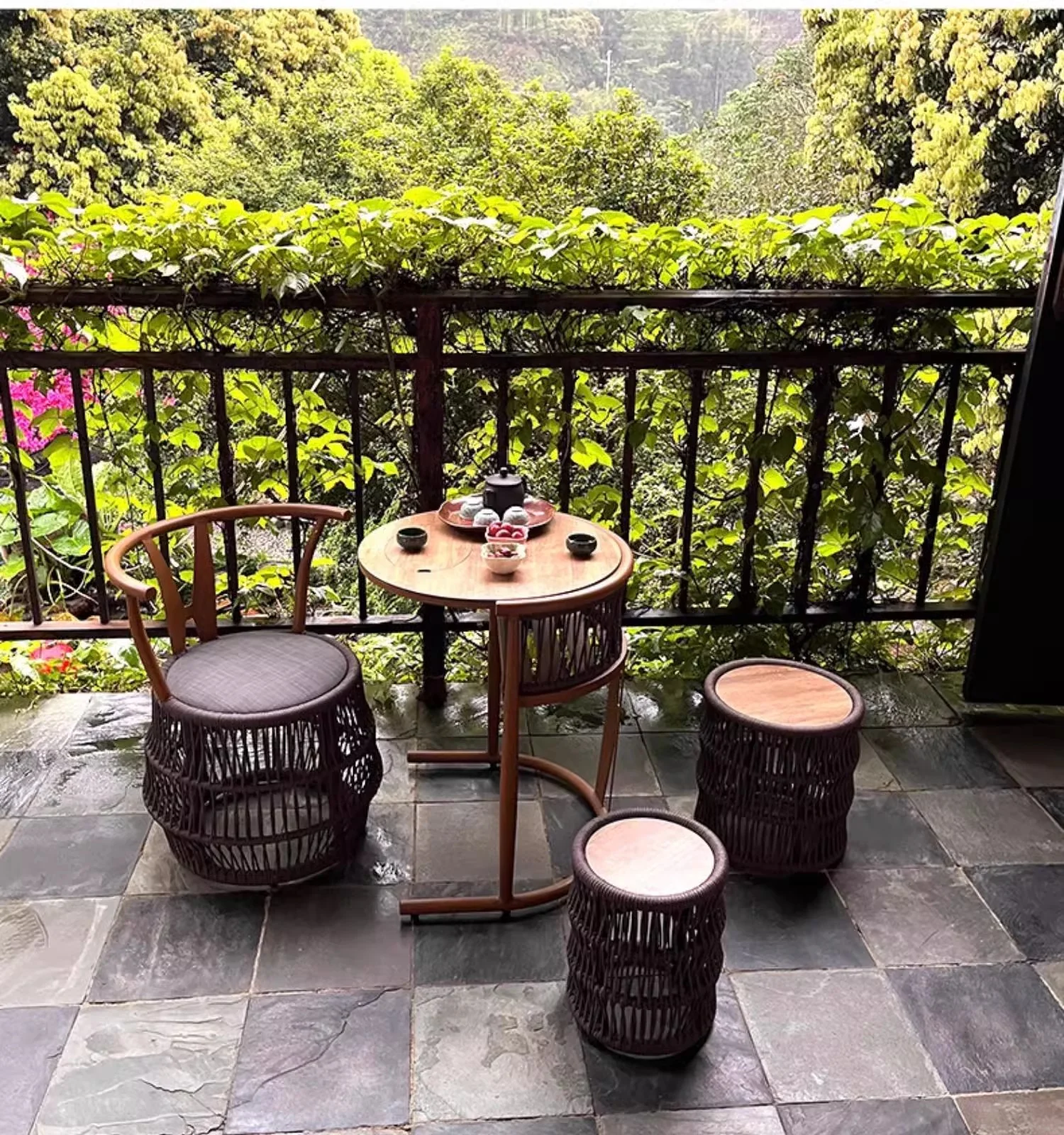 Space Saving Aluminium Frame PE Braided Rope Table Stackable Chairs for Porch Backyard Balcony Garden - Image 3
