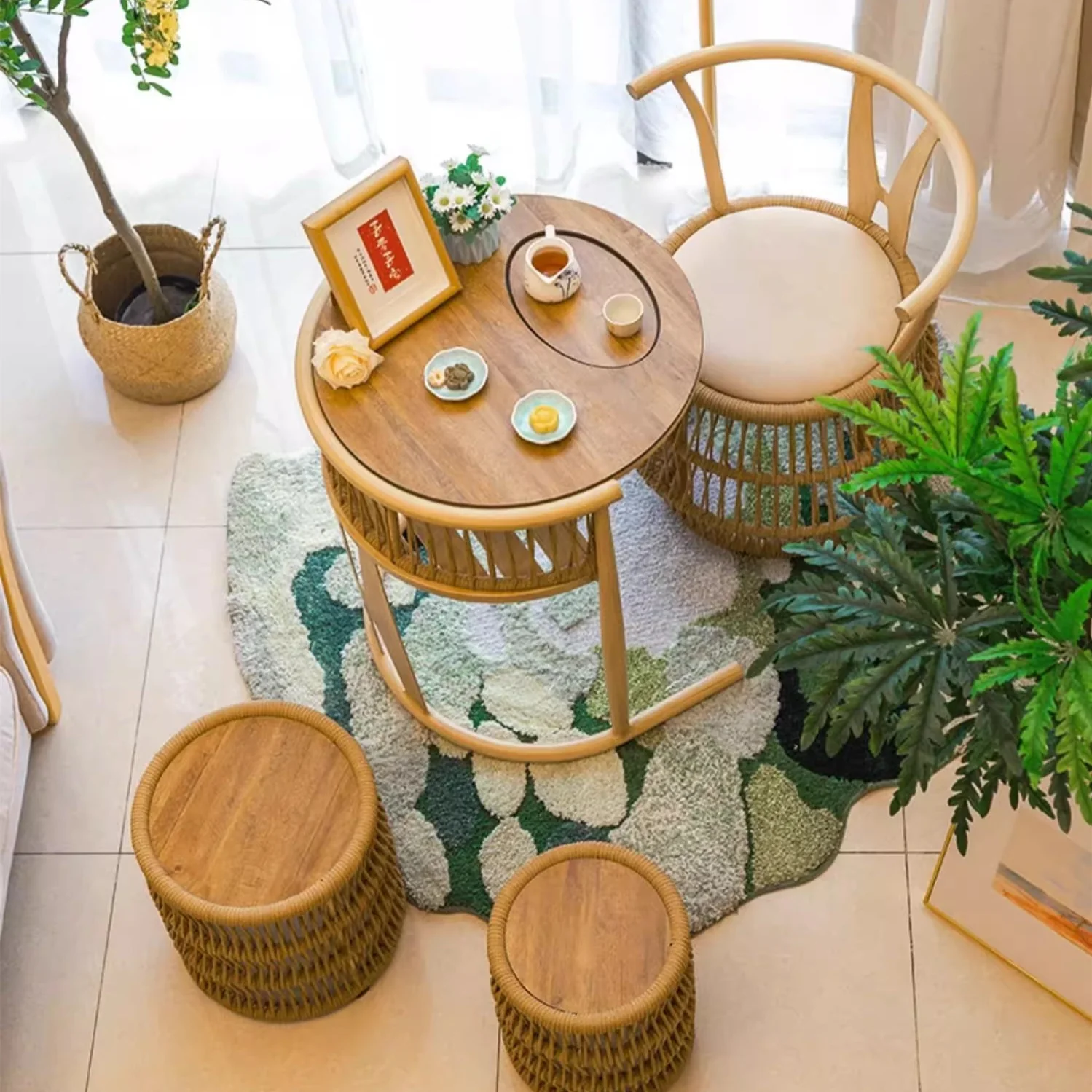 Space Saving Aluminium Frame PE Braided Rope Table Stackable Chairs for Porch Backyard Balcony Garden - Image 5