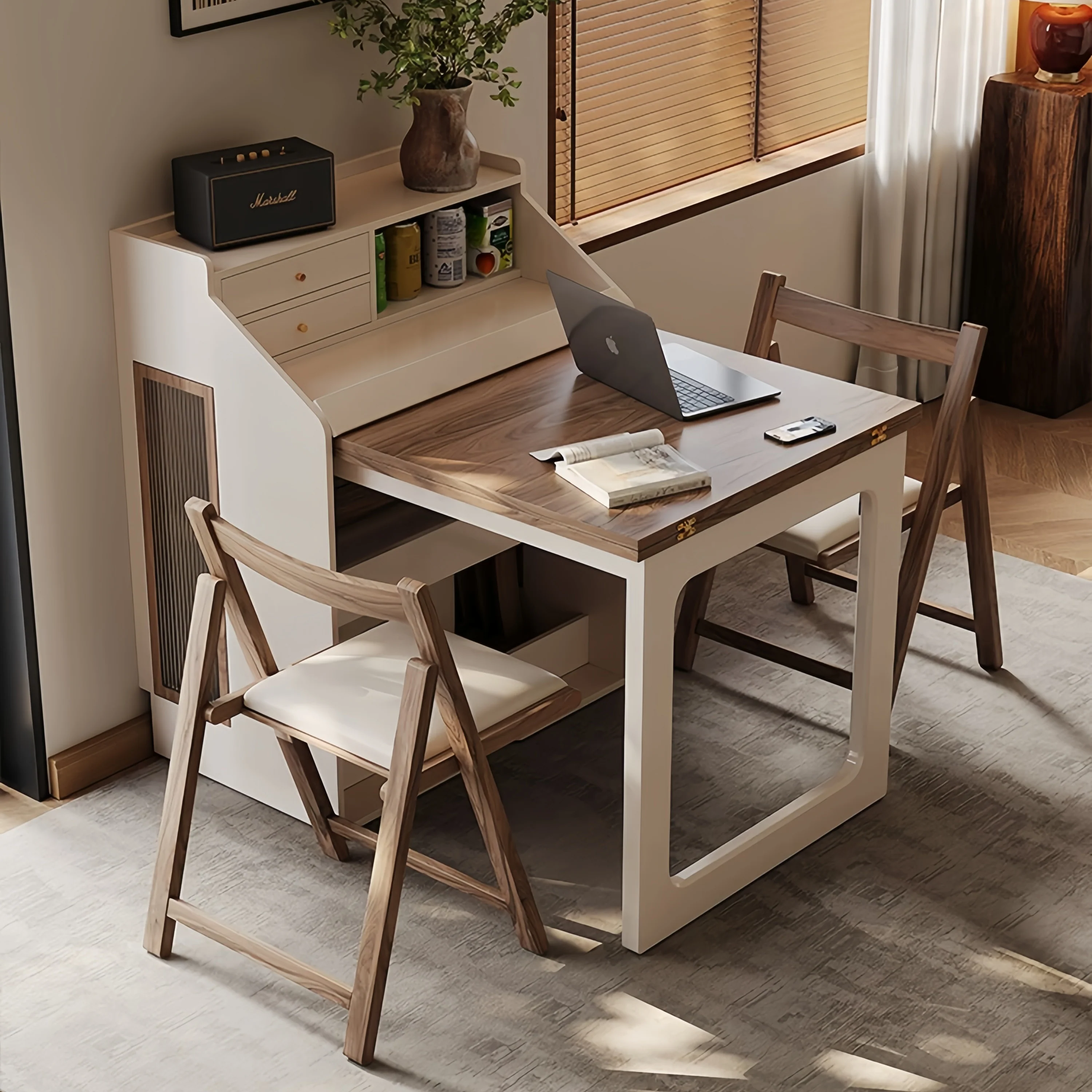 Space-Saving Dining Table with Hidden Chair Storage and Built-In Drawers - Image 3