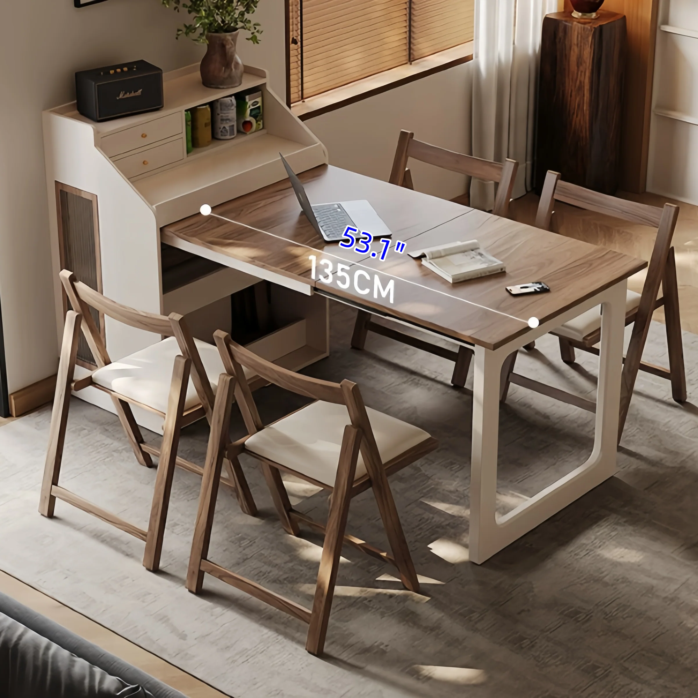 Space-Saving Dining Table with Hidden Chair Storage and Built-In Drawers - Image 4
