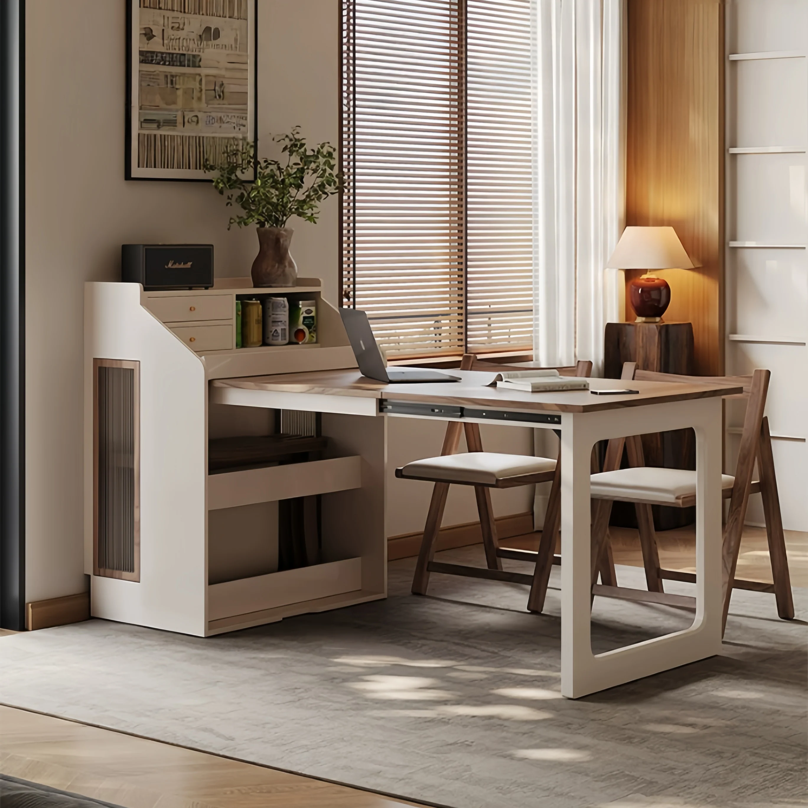 Space-Saving Dining Table with Hidden Chair Storage and Built-In Drawers - Image 5