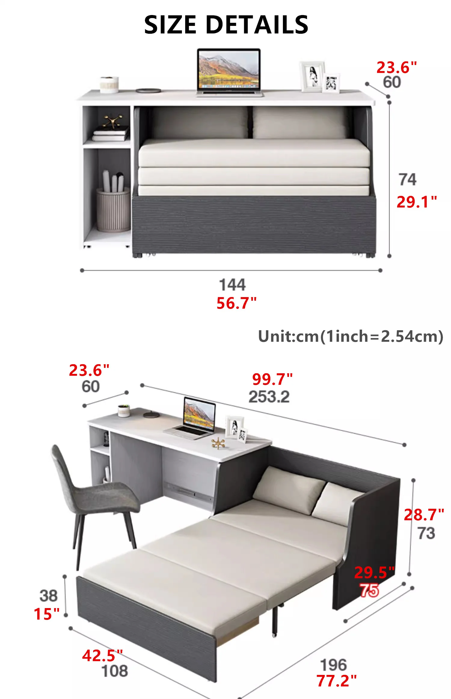 Space Saving Sofa Bed with Underneath Storage and  Computer Desk Set - Image 7