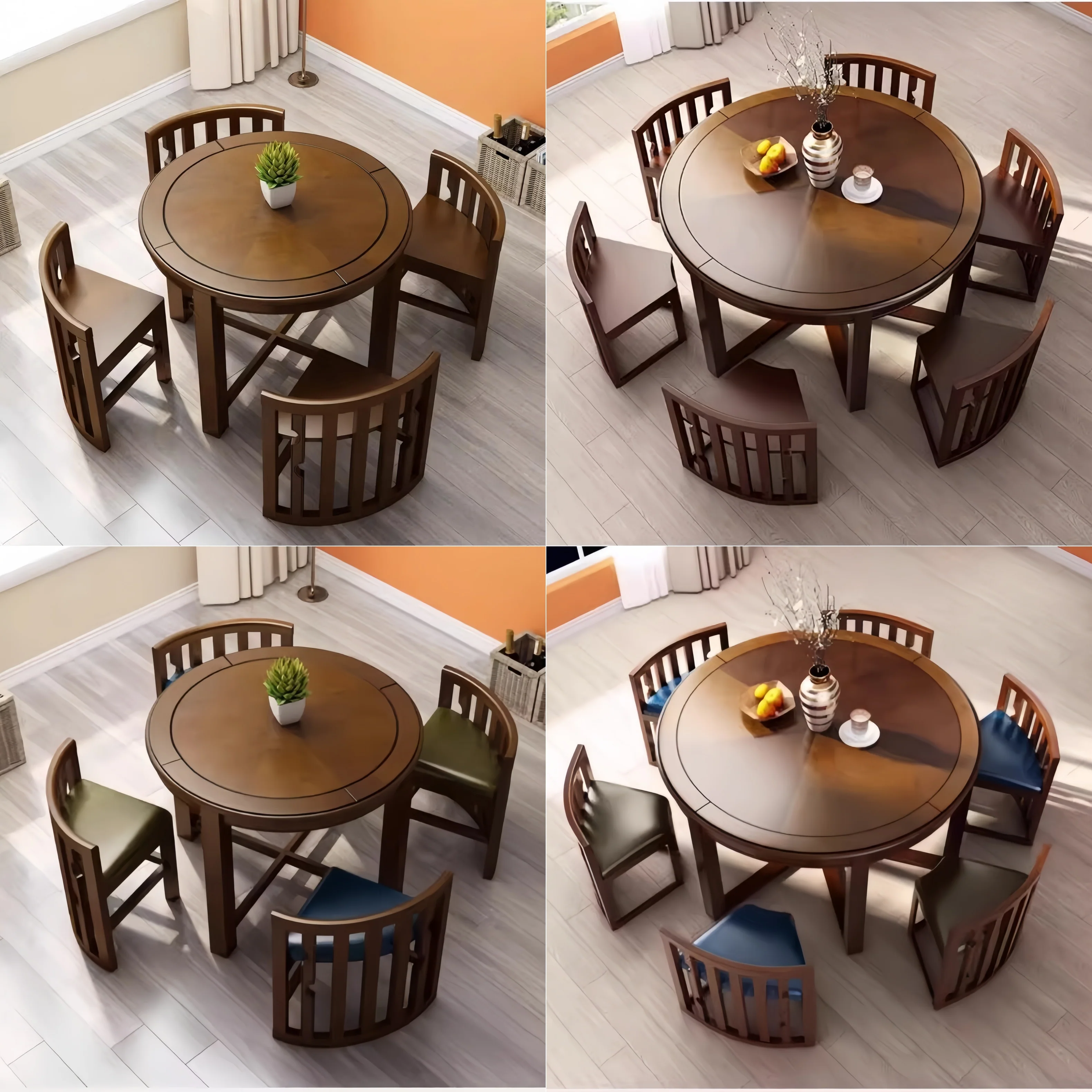 Space-Saving Solid Wood Round Dining Table Set with Tuck-In Chairs
