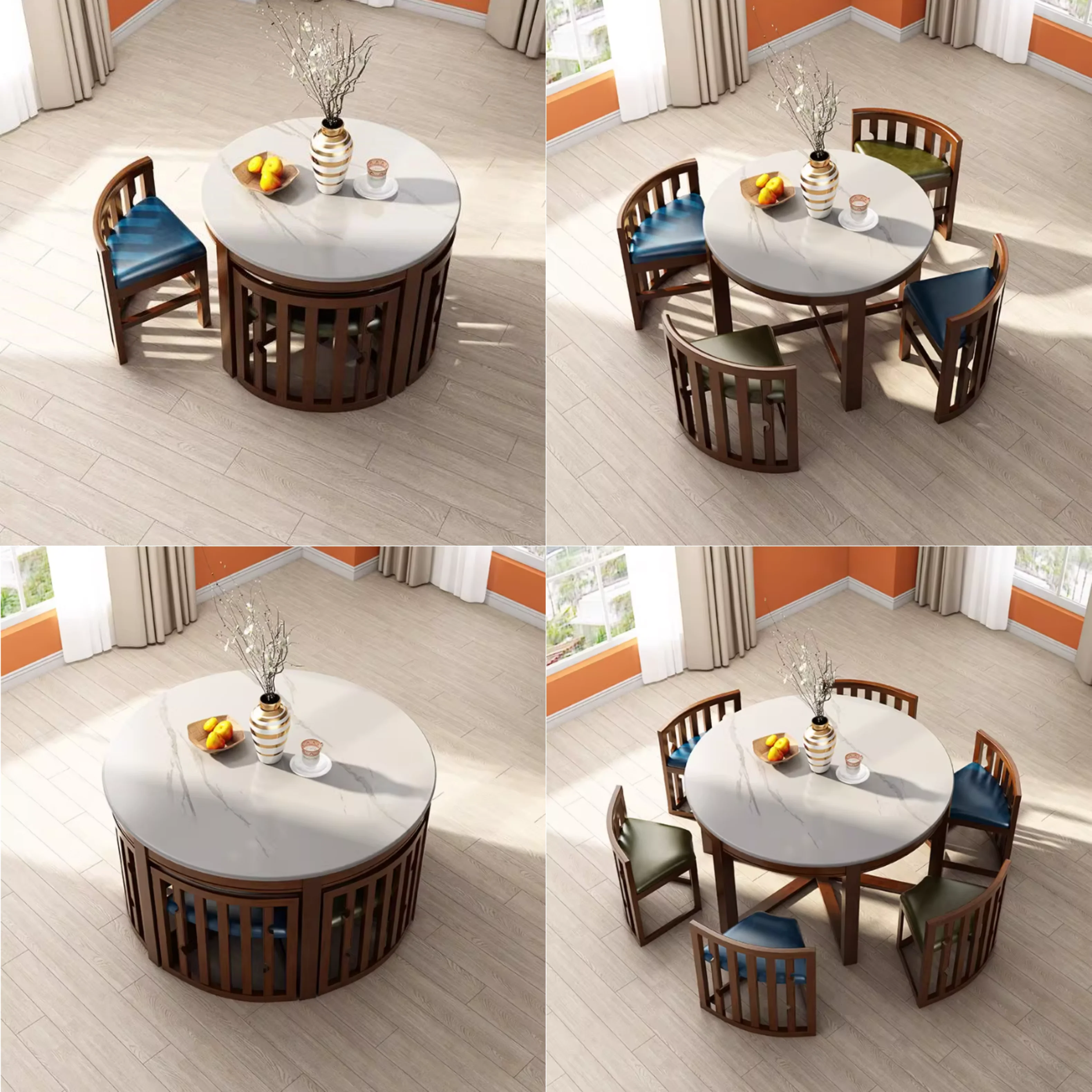 Space-Saving Solid Wood Round Dining Table Set with Tuck-In Chairs - Image 12
