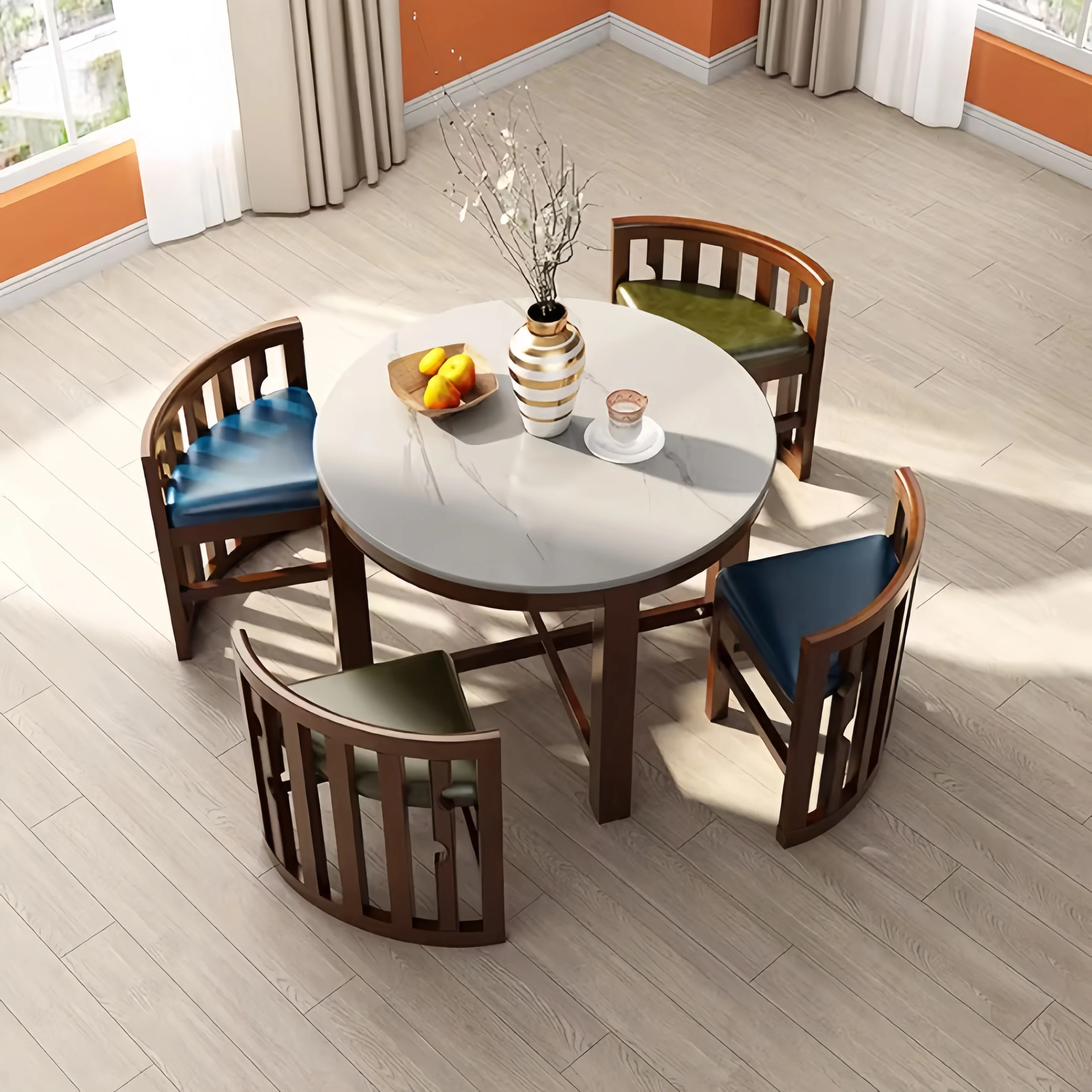 Space-Saving Solid Wood Round Dining Table Set with Tuck-In Chairs - Image 13