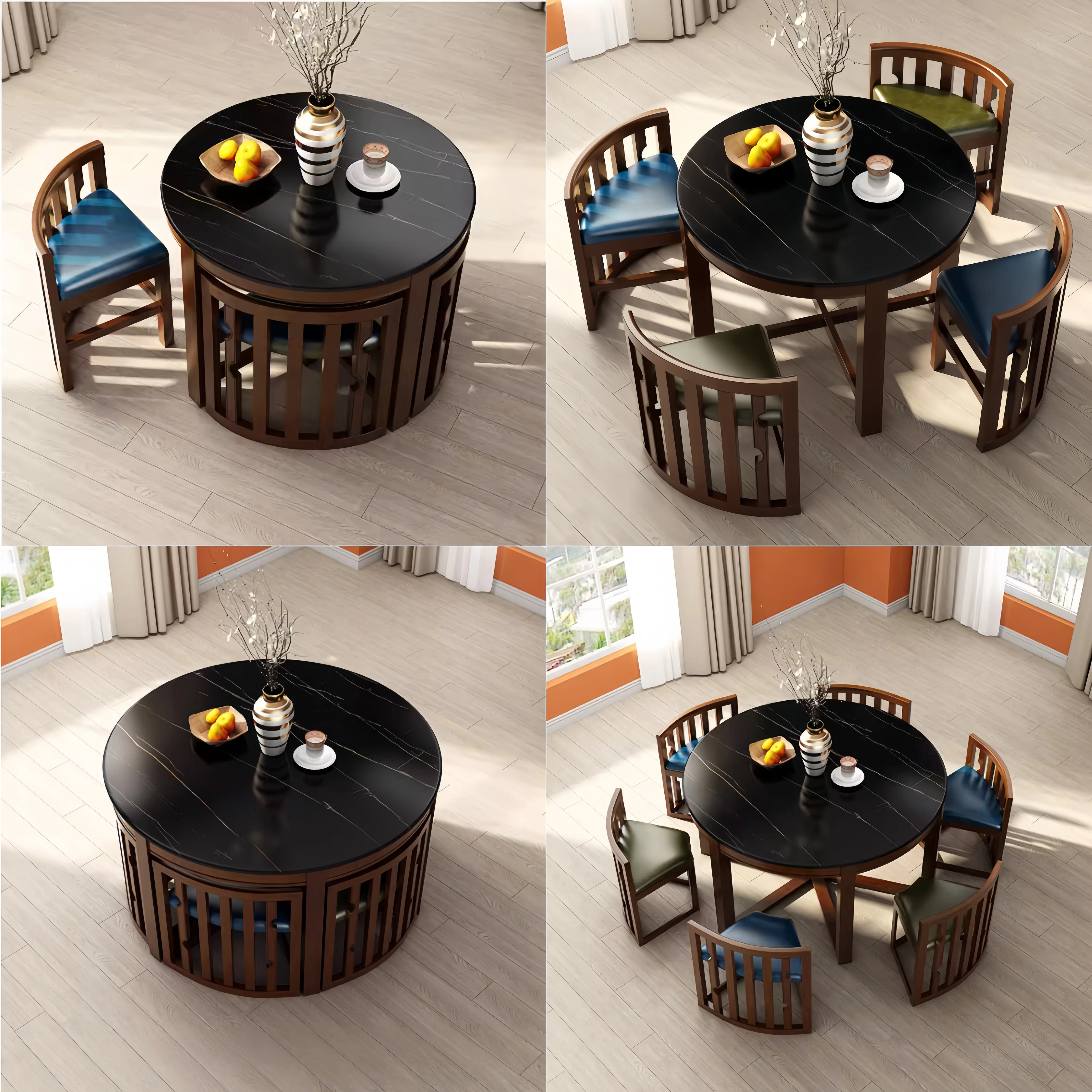 Space-Saving Solid Wood Round Dining Table Set with Tuck-In Chairs - Image 15