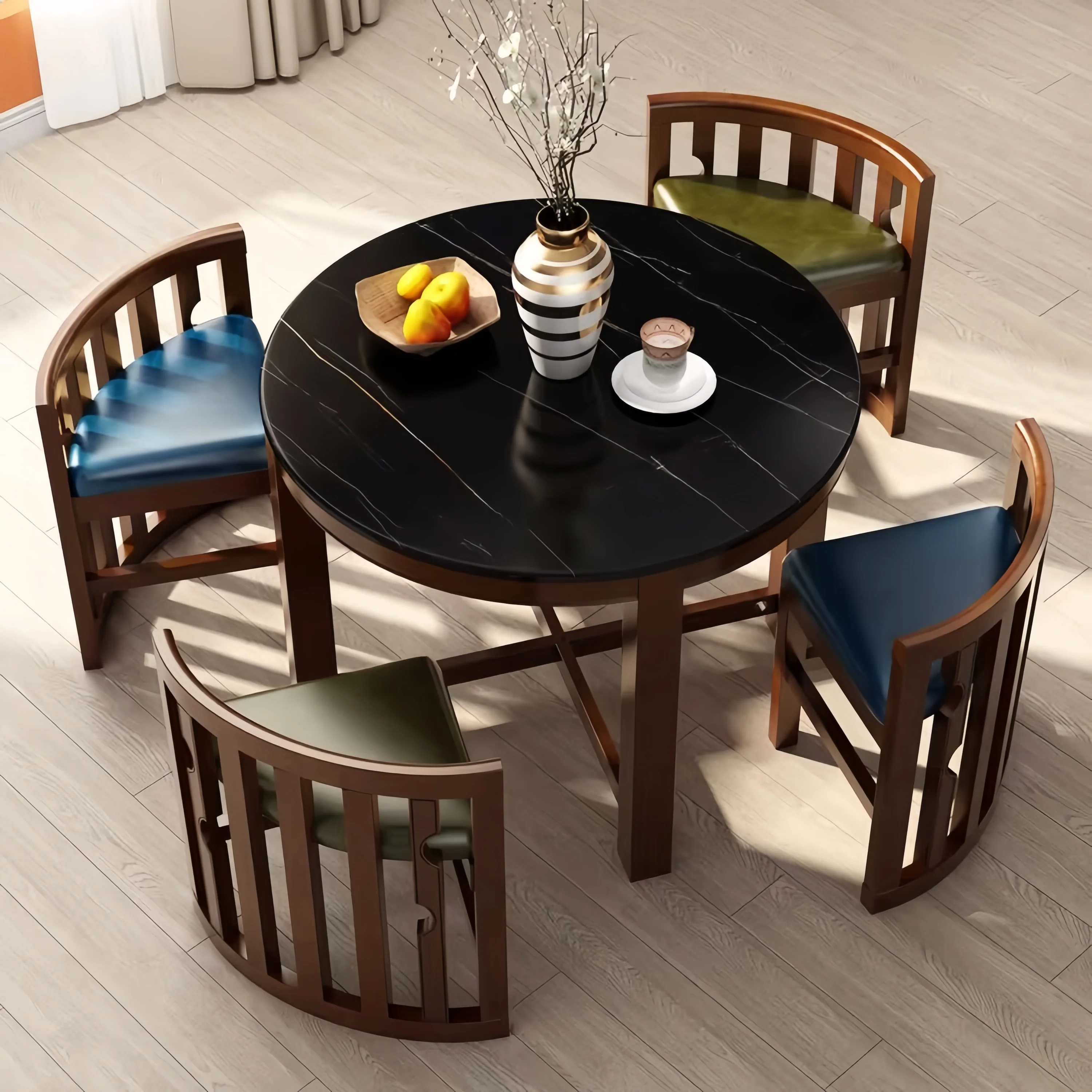 Space-Saving Solid Wood Round Dining Table Set with Tuck-In Chairs - Image 16
