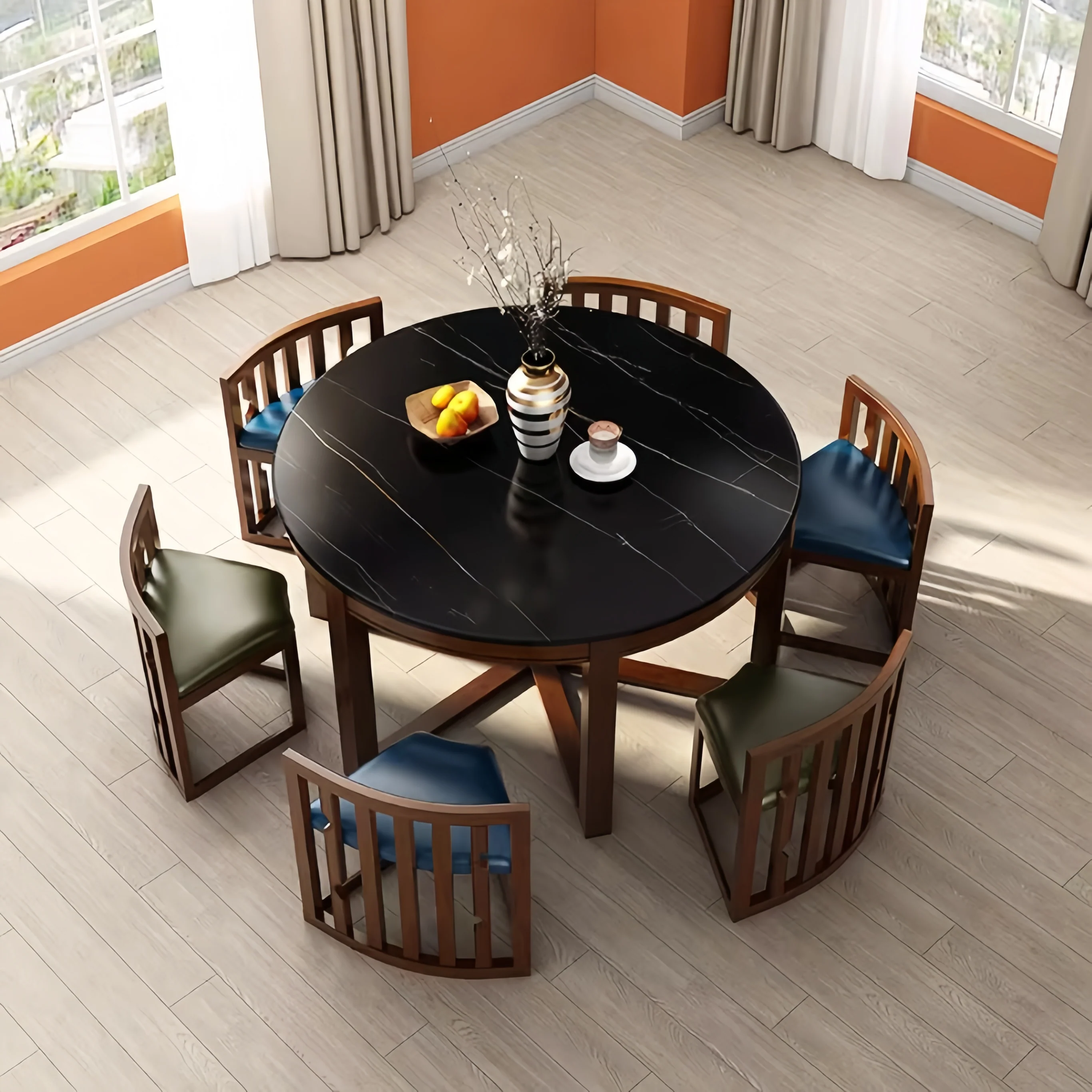Space-Saving Solid Wood Round Dining Table Set with Tuck-In Chairs - Image 17