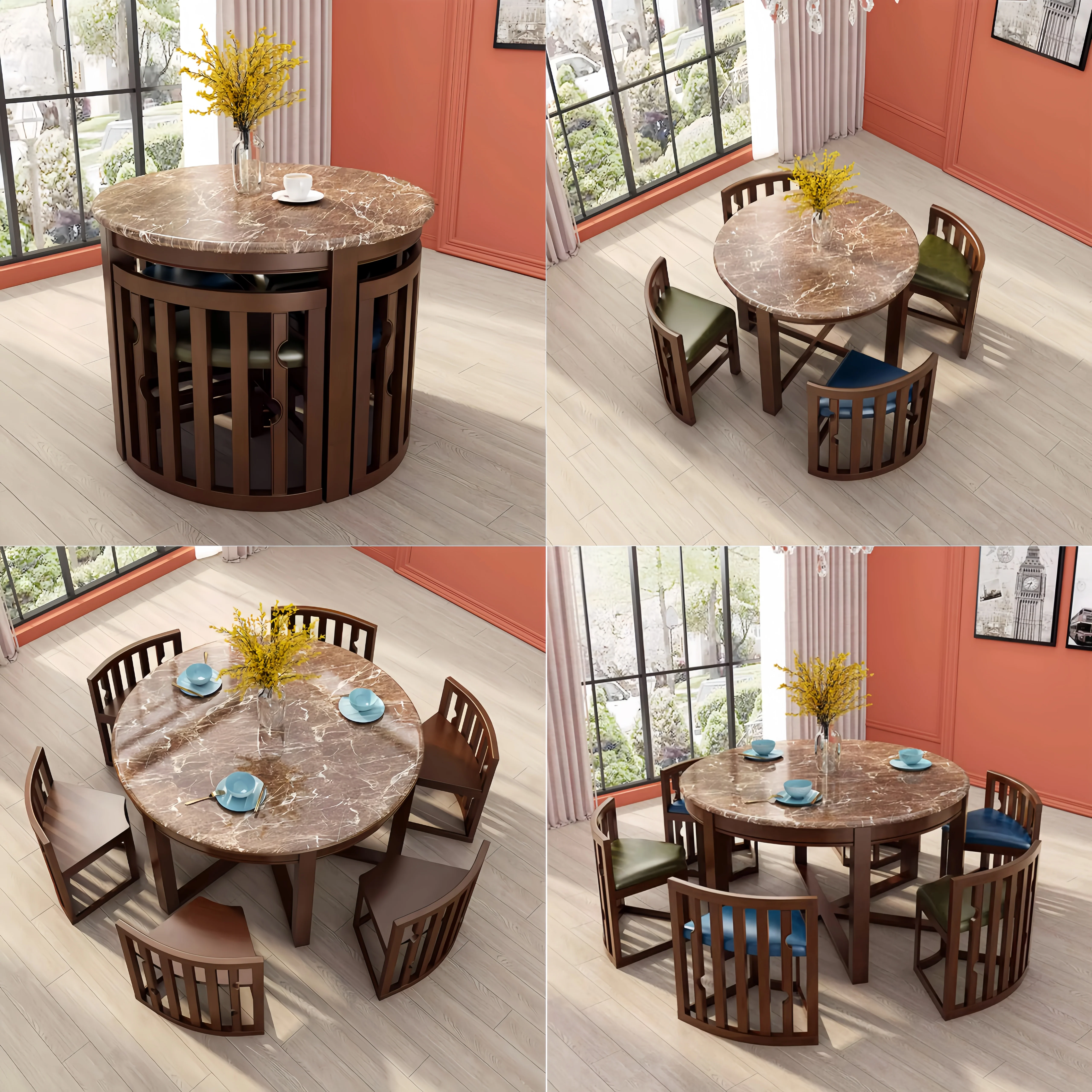 Space-Saving Solid Wood Round Dining Table Set with Tuck-In Chairs - Image 18