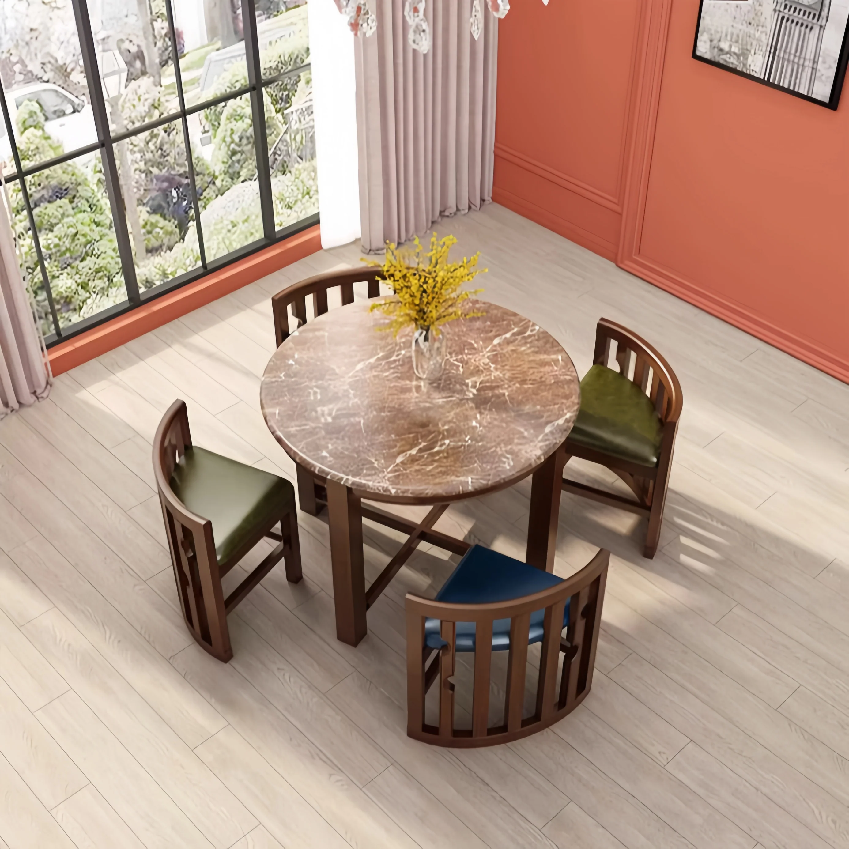 Space-Saving Solid Wood Round Dining Table Set with Tuck-In Chairs - Image 19