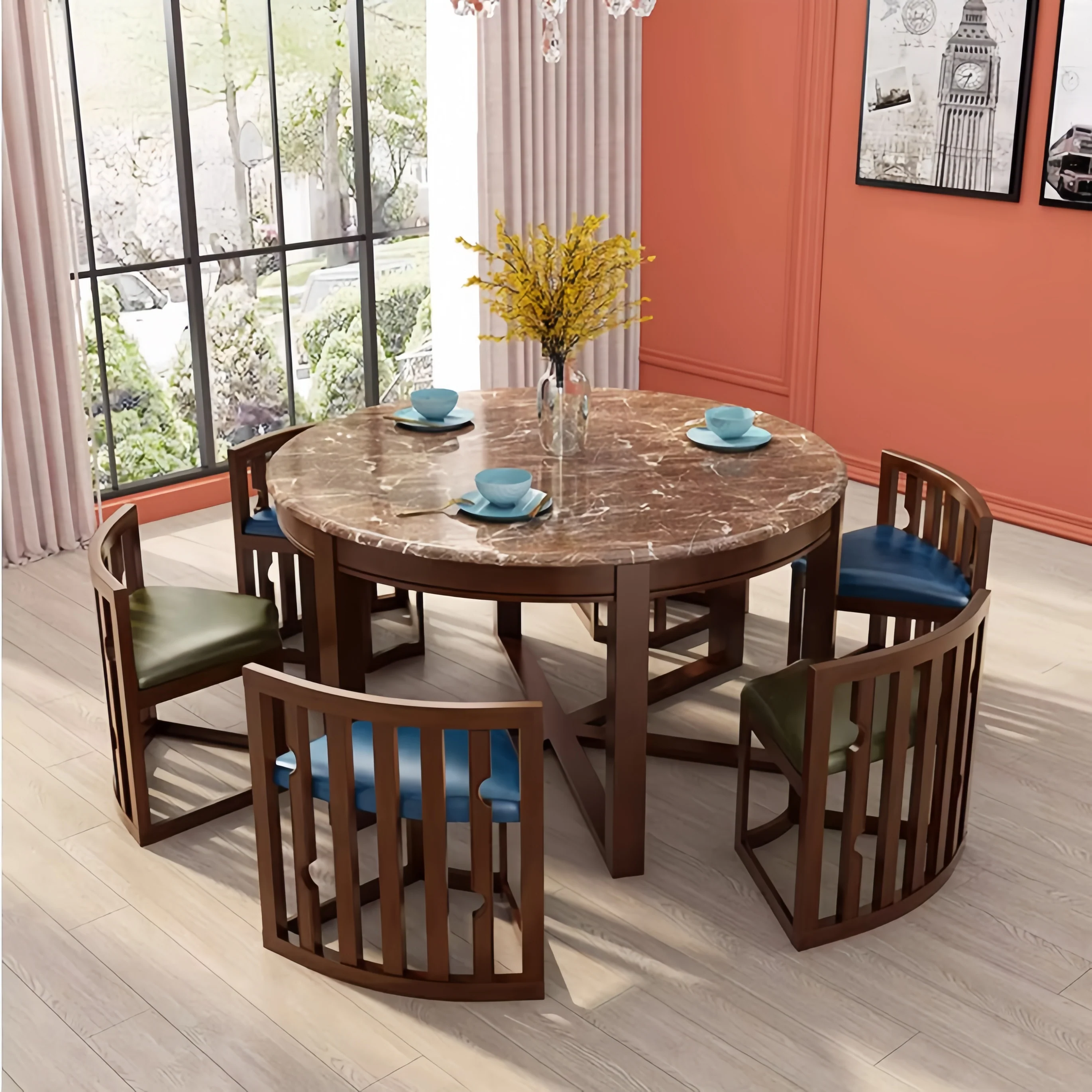 Space-Saving Solid Wood Round Dining Table Set with Tuck-In Chairs - Image 20