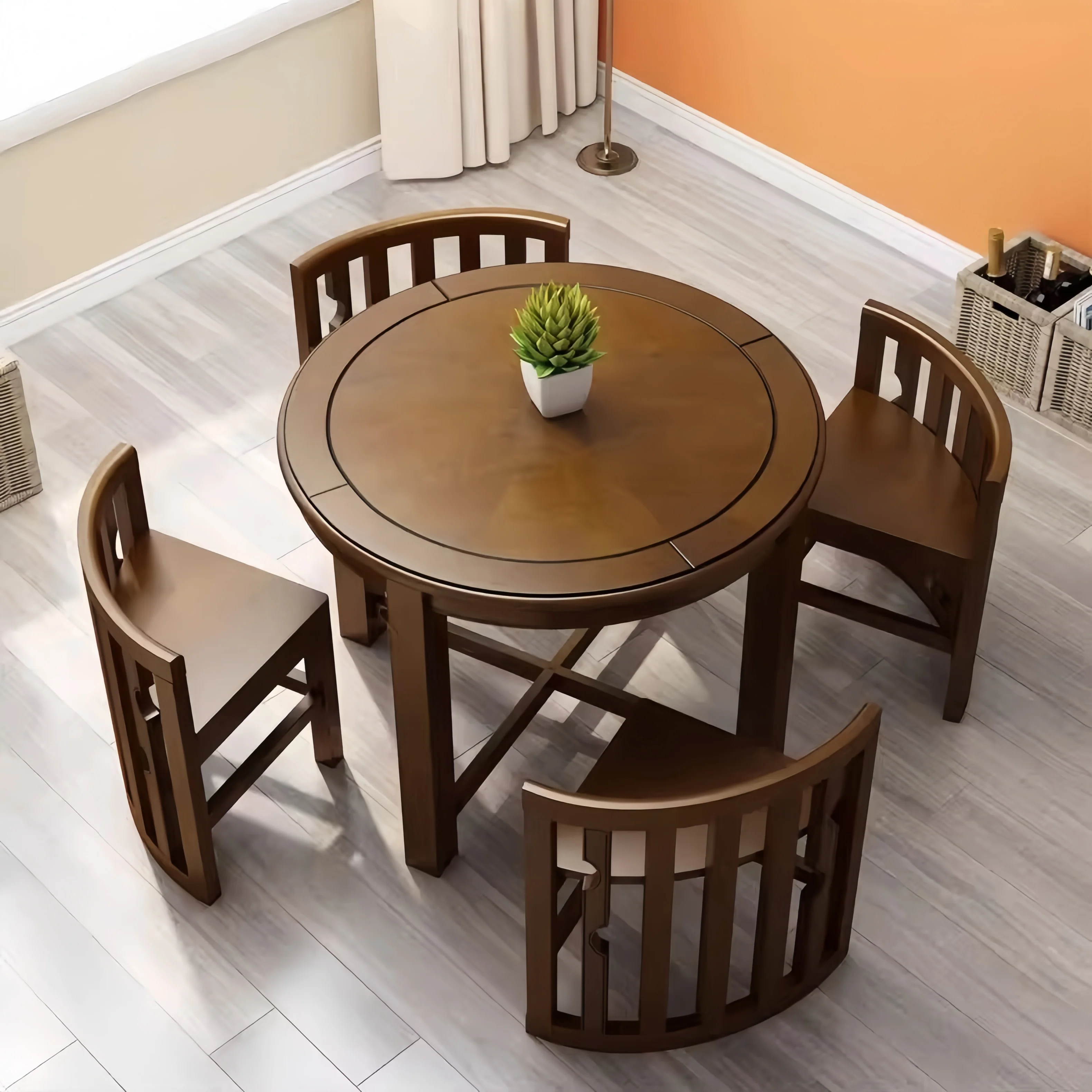 Space-Saving Solid Wood Round Dining Table Set with Tuck-In Chairs - Image 3