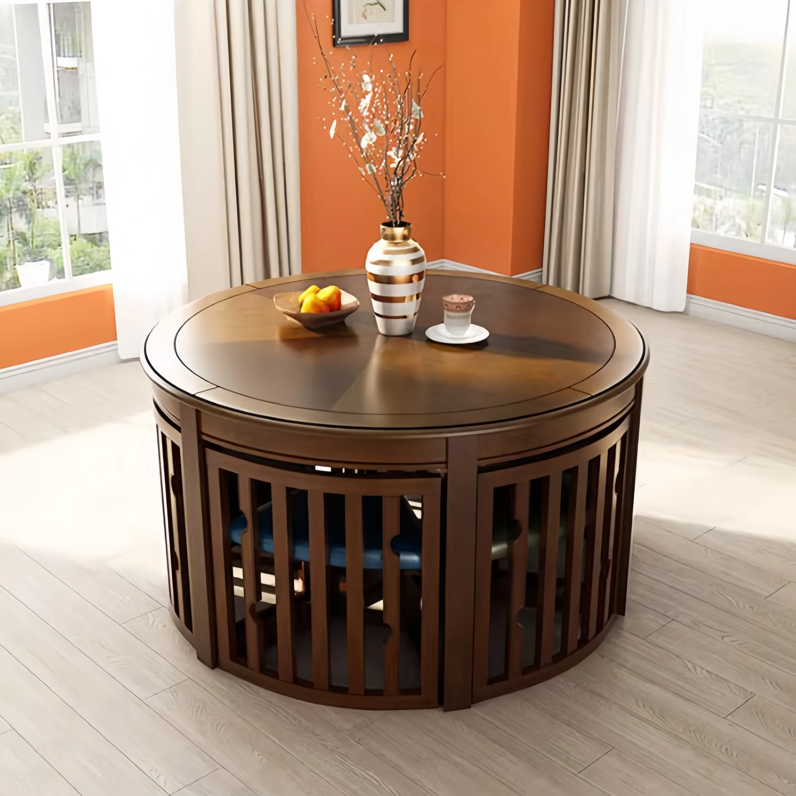 Space-Saving Solid Wood Round Dining Table Set with Tuck-In Chairs - Image 4
