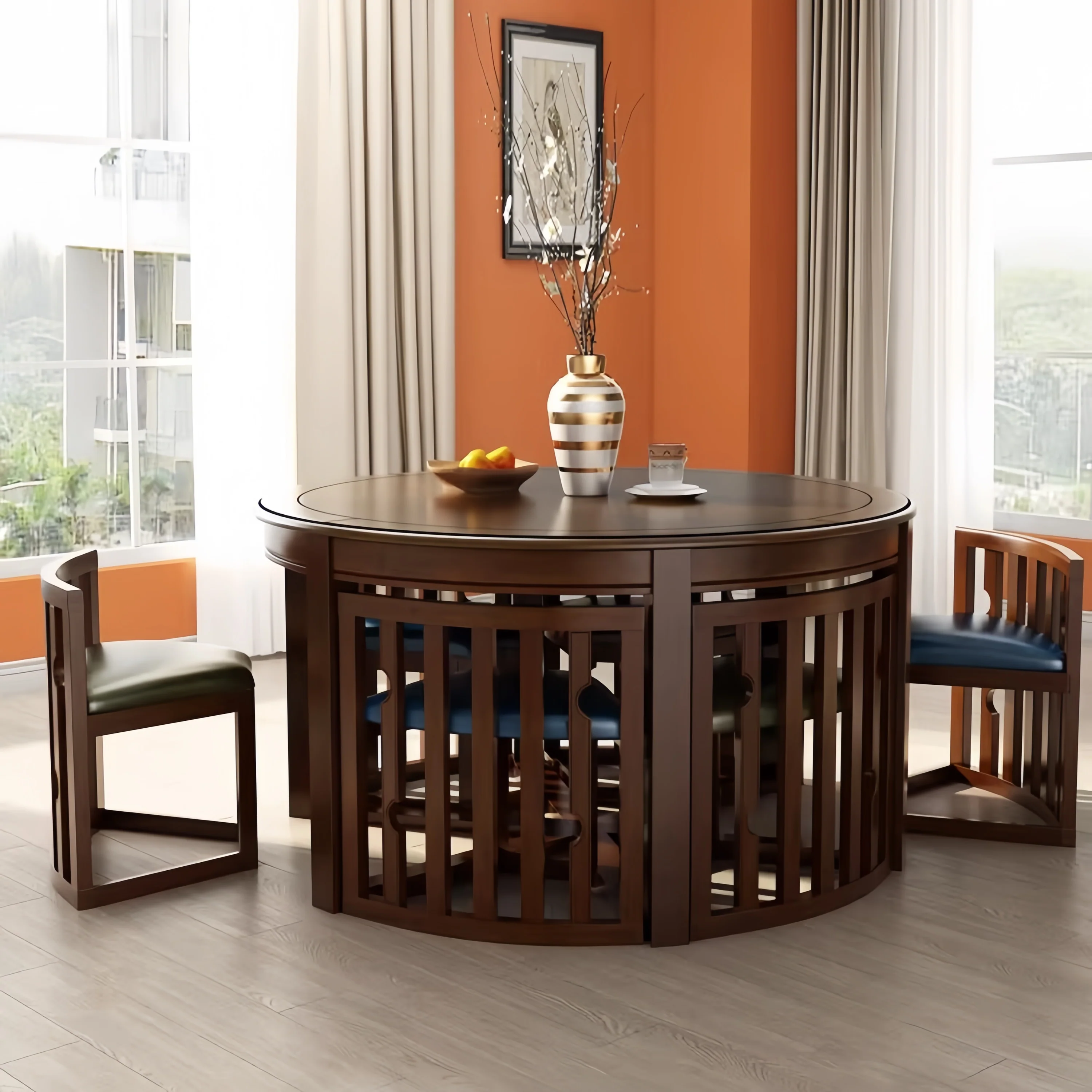 Space-Saving Solid Wood Round Dining Table Set with Tuck-In Chairs - Image 5