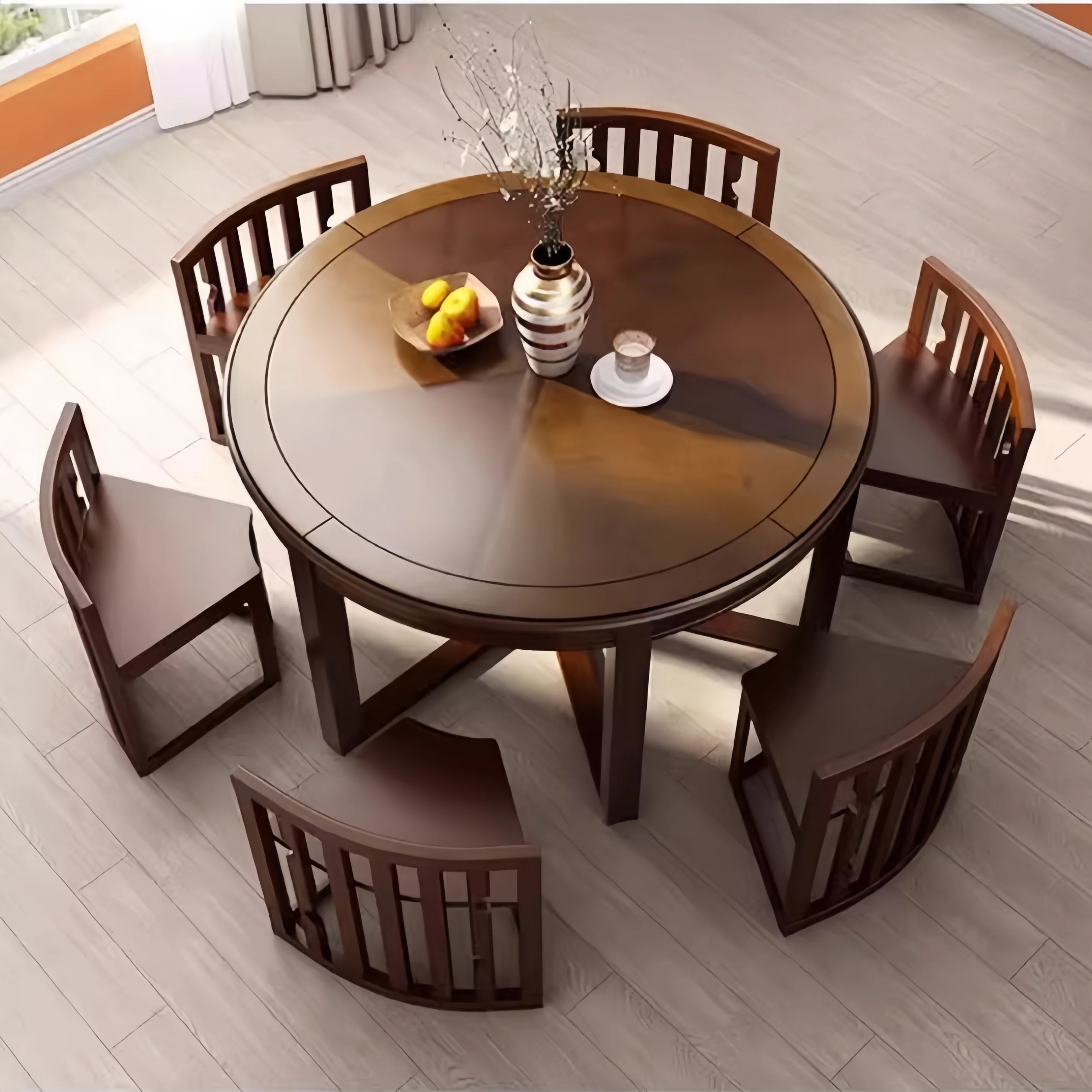 Space-Saving Solid Wood Round Dining Table Set with Tuck-In Chairs - Image 7