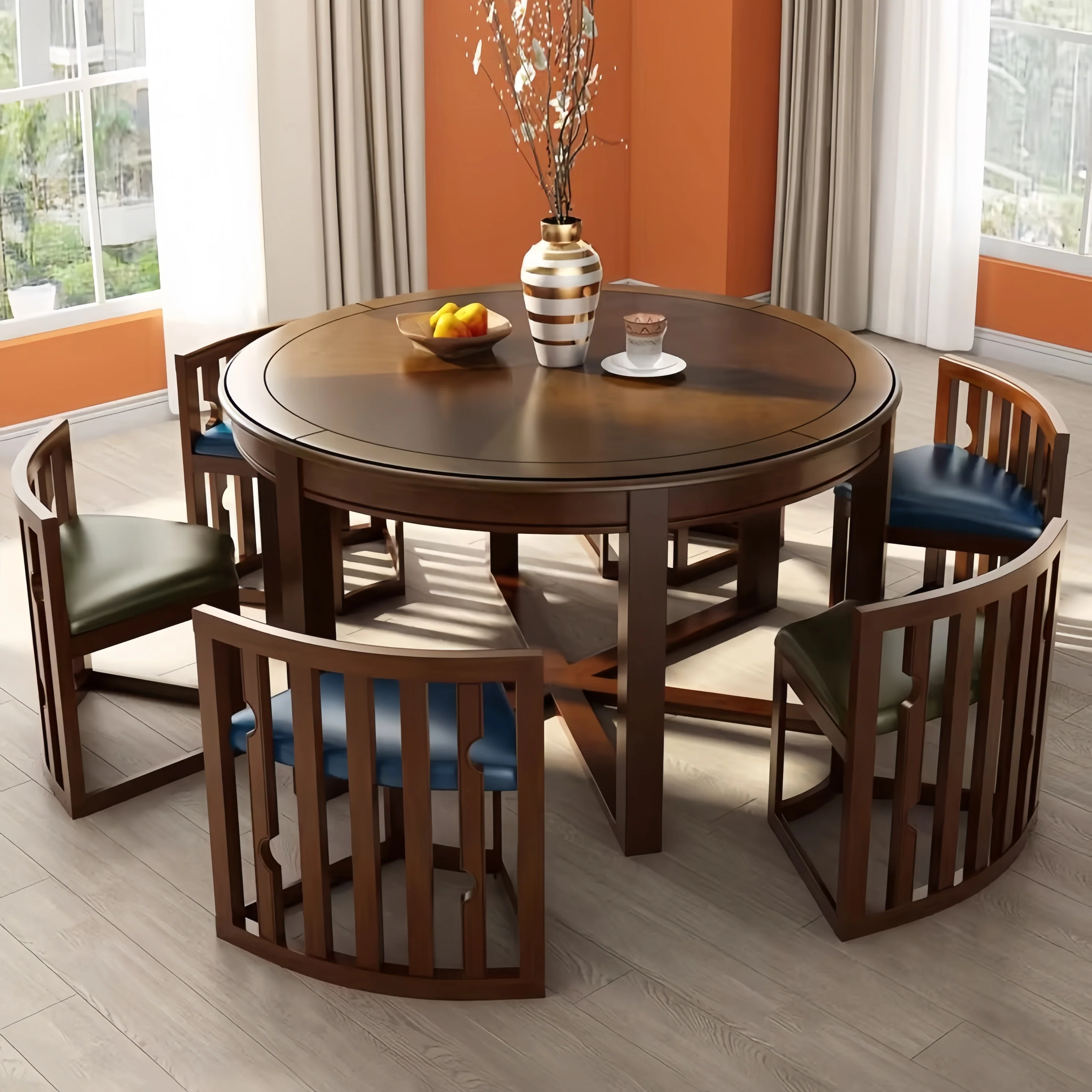 Space-Saving Solid Wood Round Dining Table Set with Tuck-In Chairs - Image 8