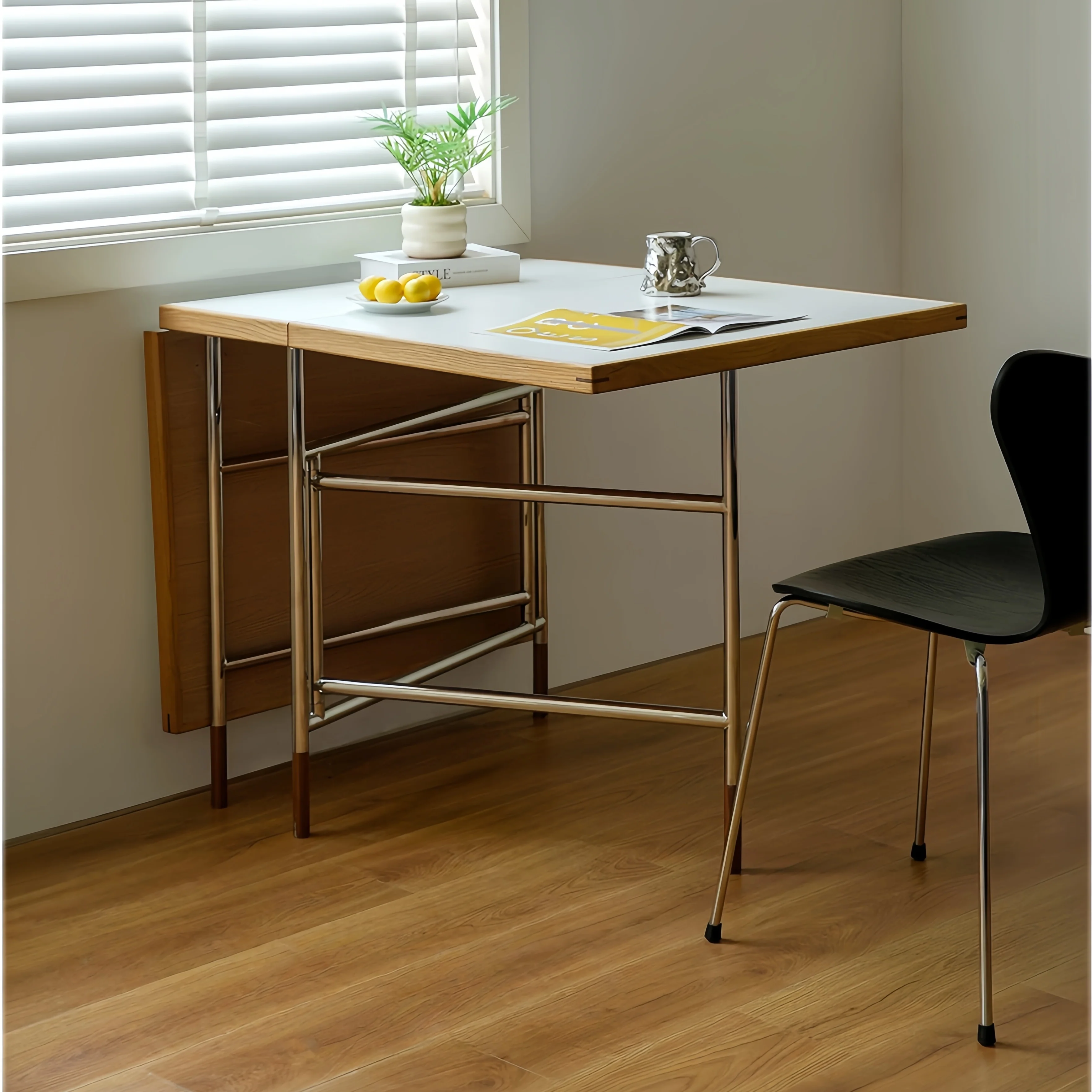 Stainless Steel Leg Double Drop Leaf Dining Table - Image 4