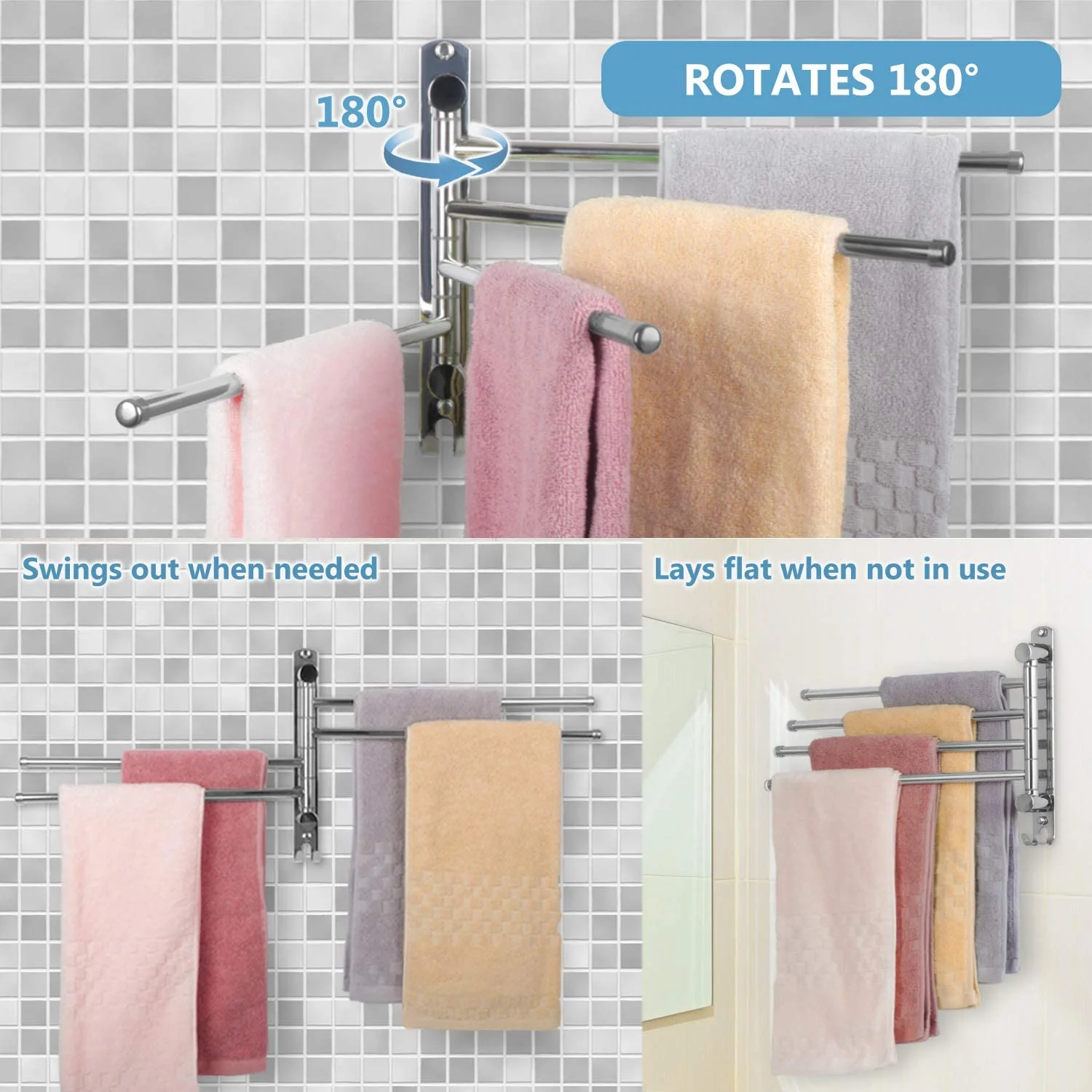Stainless Steel Swivel 4-Arm Towel Bar - Image 3