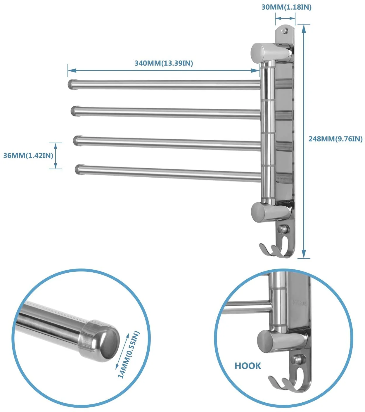 Stainless Steel Swivel 4-Arm Towel Bar - Image 5