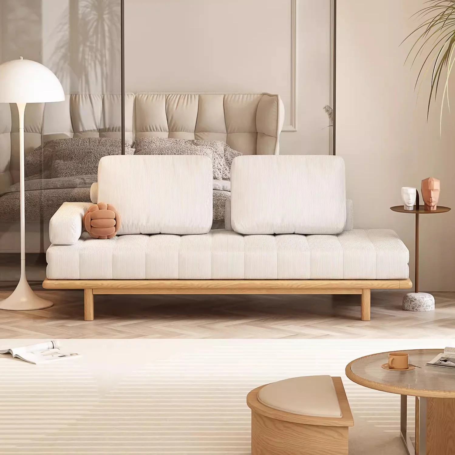 Tatami Pull Out Corduroy Fabric Solid Wood Frame Sofa Bed - Image 2
