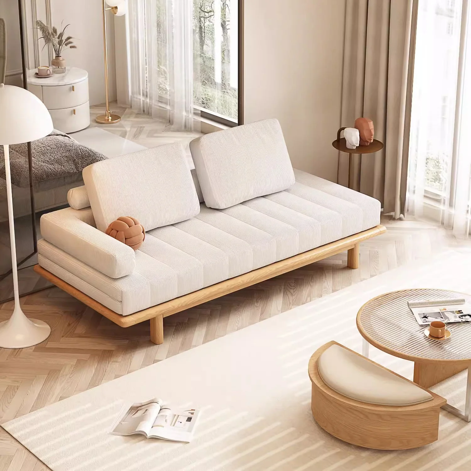 Tatami Pull Out Corduroy Fabric Solid Wood Frame Sofa Bed - Image 3