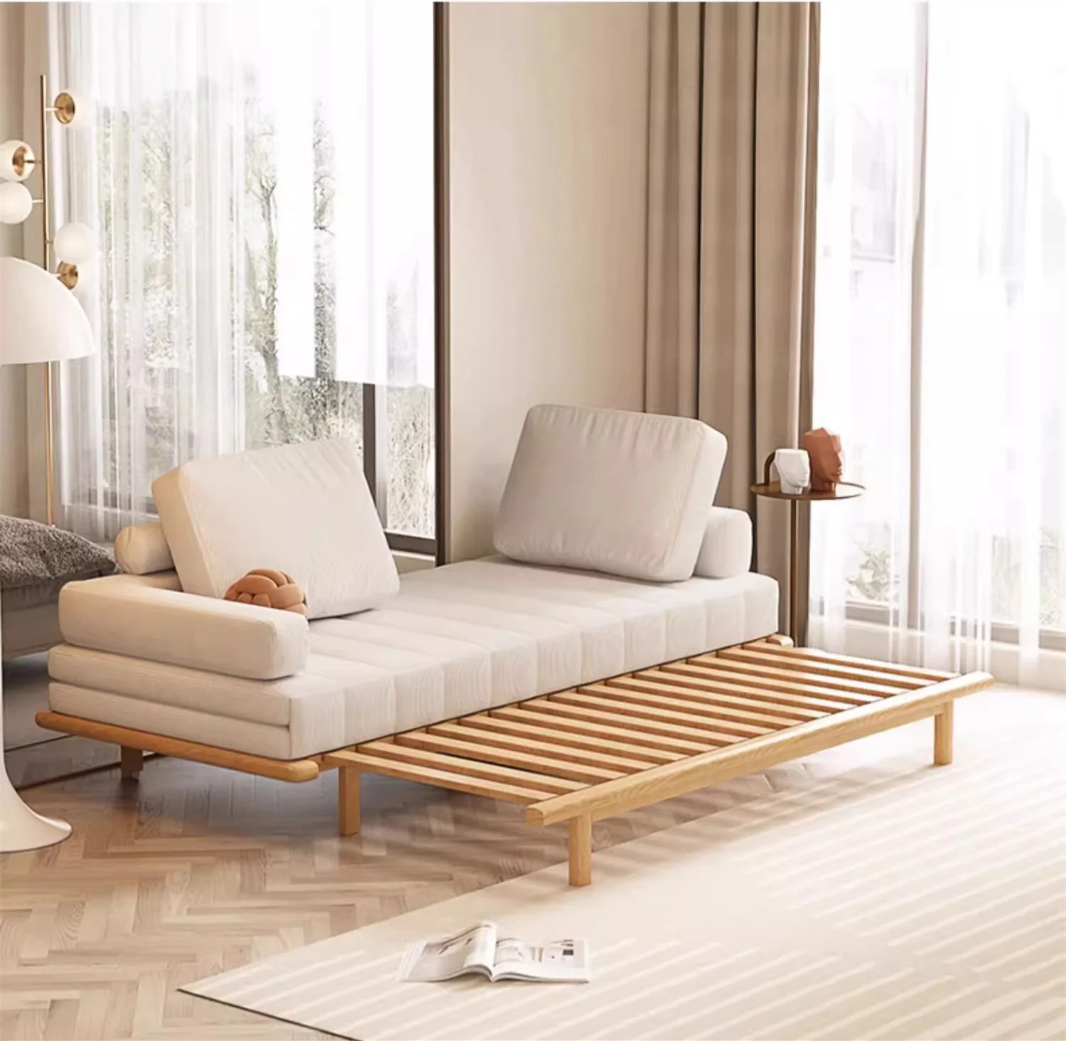 Tatami Pull Out Corduroy Fabric Solid Wood Frame Sofa Bed - Image 4