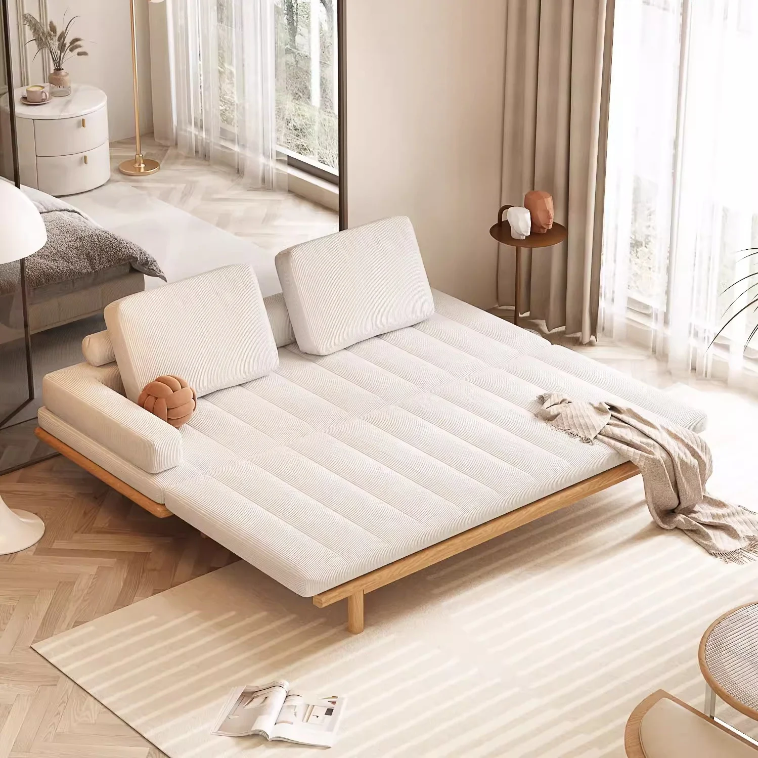 Tatami Pull Out Corduroy Fabric Solid Wood Frame Sofa Bed - Image 5