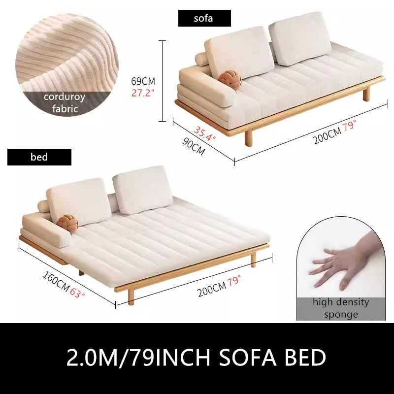 Tatami Pull Out Corduroy Fabric Solid Wood Frame Sofa Bed - Image 9