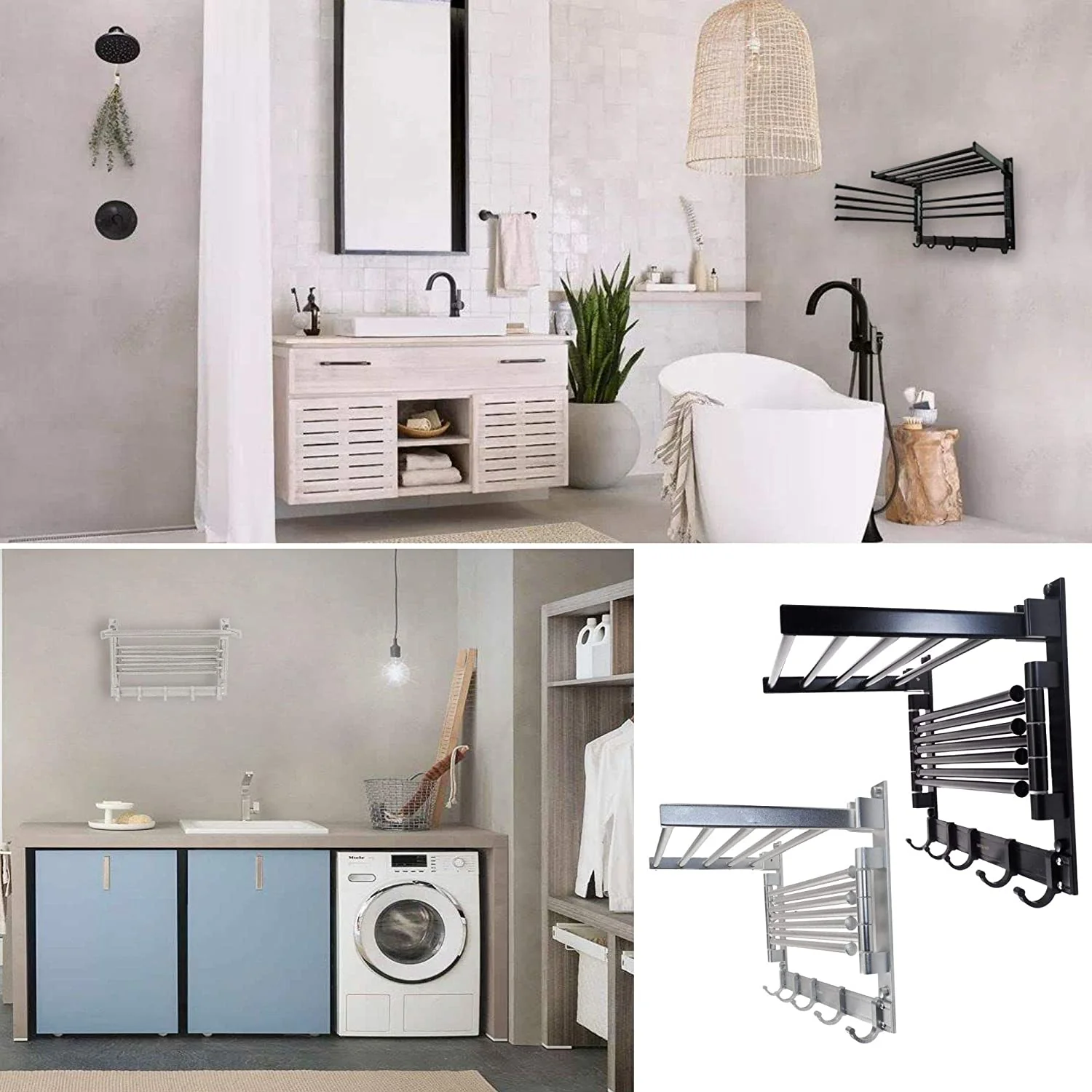 Wall Mount Clothes Drying Rack with Hooks and Swing Arms - Image 5