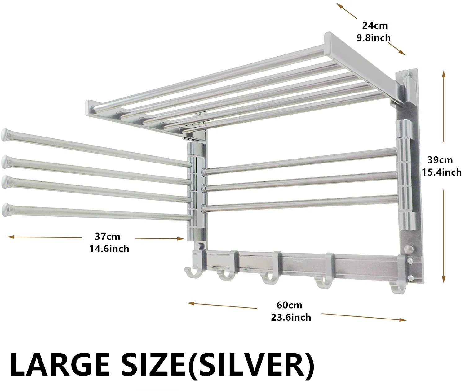 Wall Mount Clothes Drying Rack with Hooks and Swing Arms - Image 8